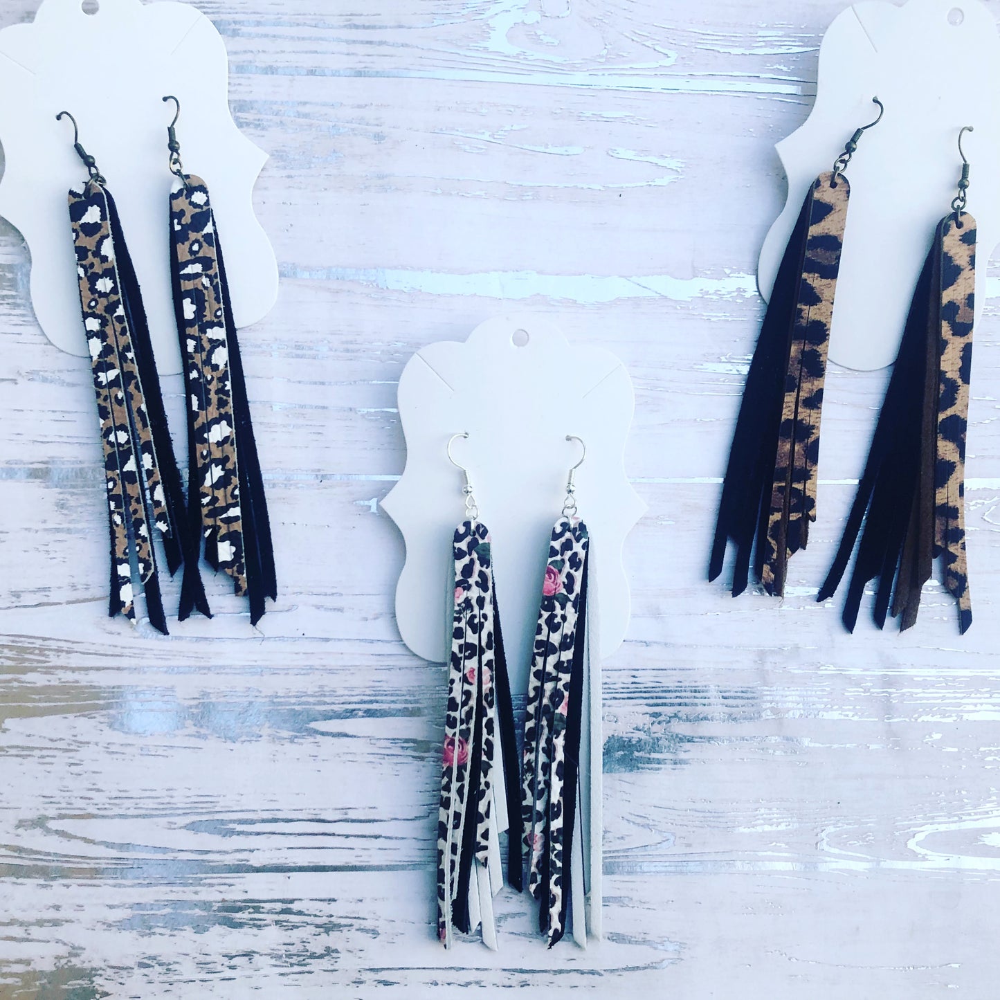Genuine Leather Layered Fringe Earrings.