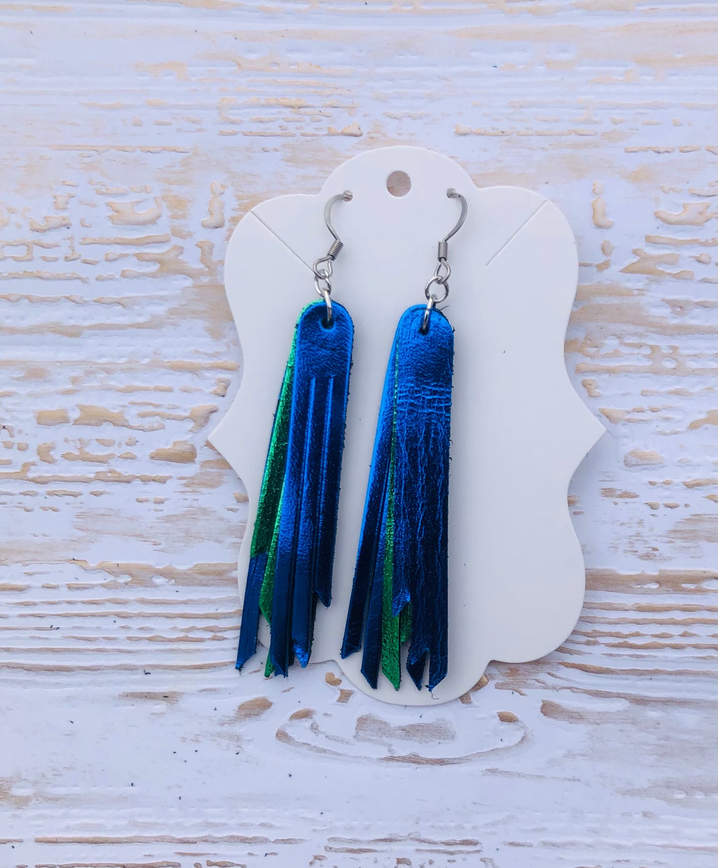 2.75” 3 Layer Blue and Green Team Fringe Earrings