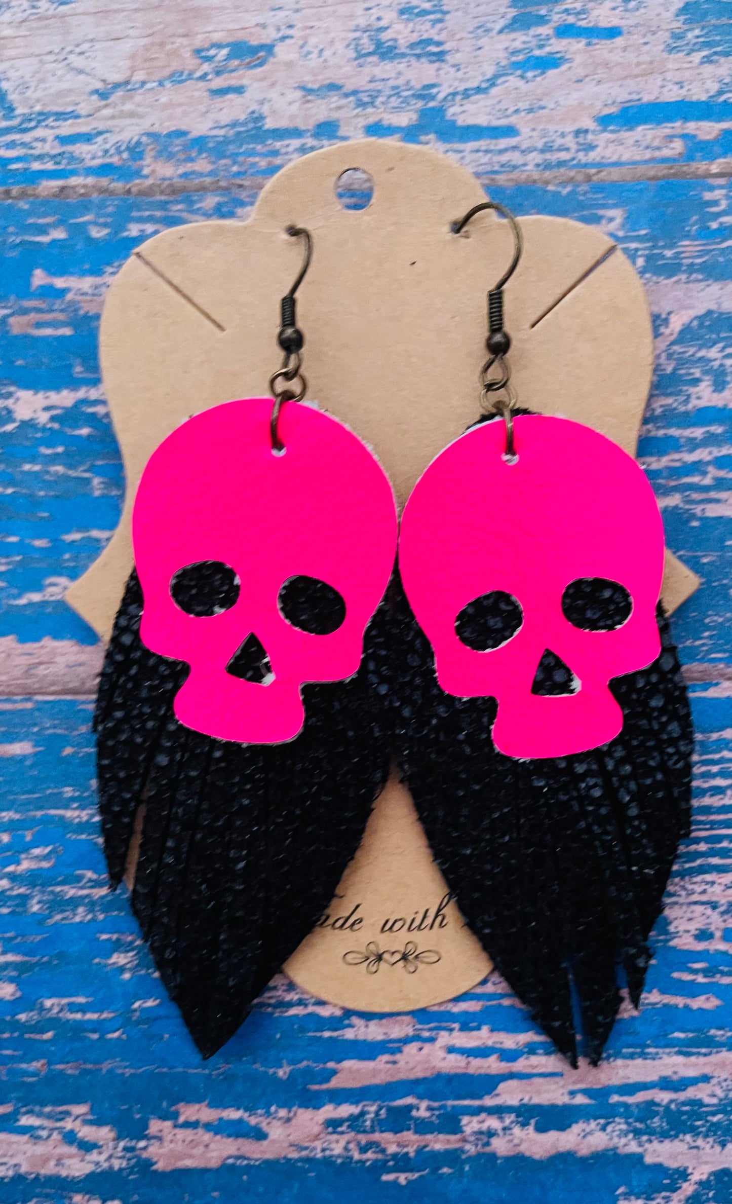 Rock and Roll Hot Pink Skull Fringe Earrings