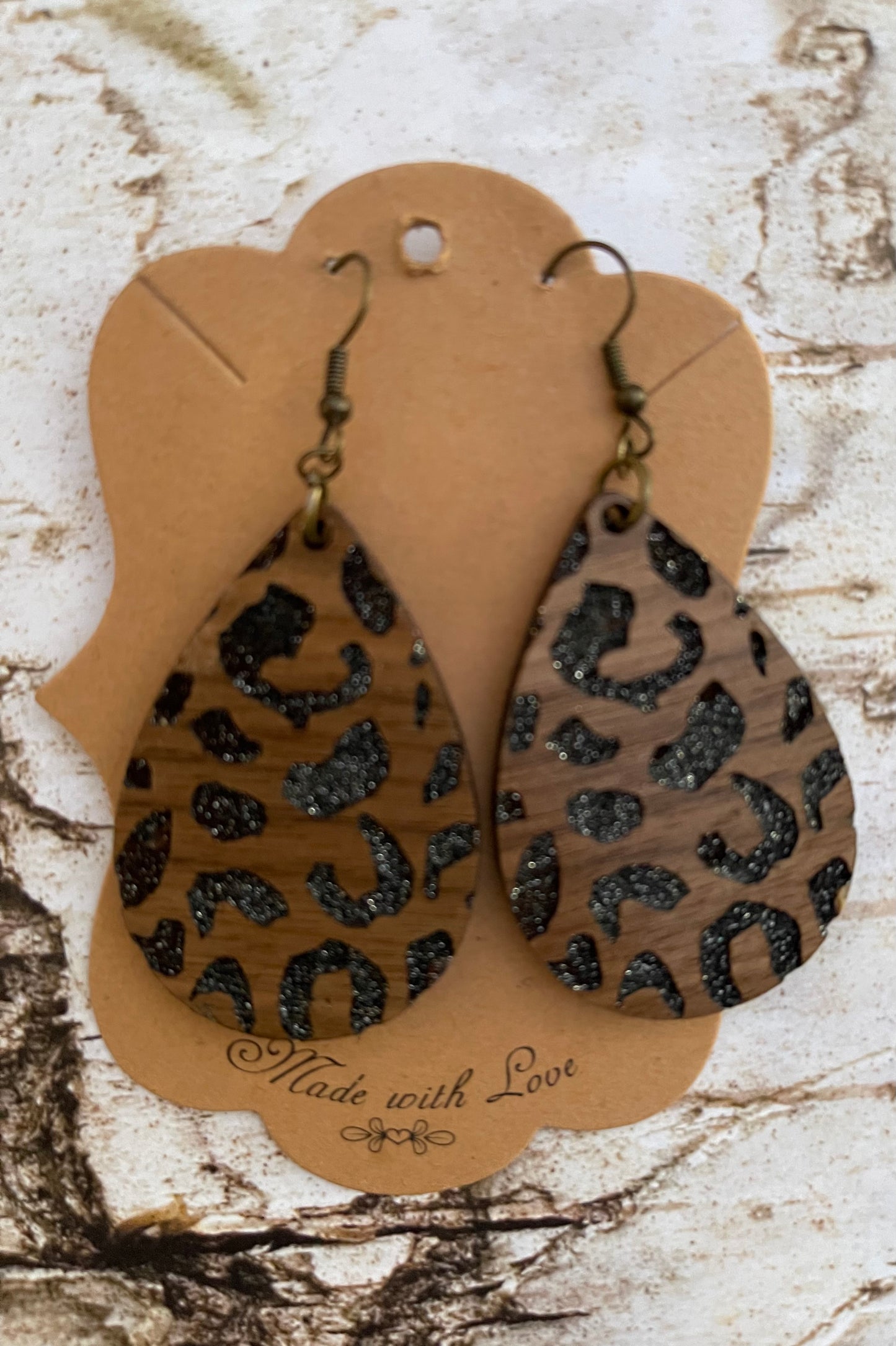Cheetah Engraved Gunmetal Wooden Love Teardrop Earrings