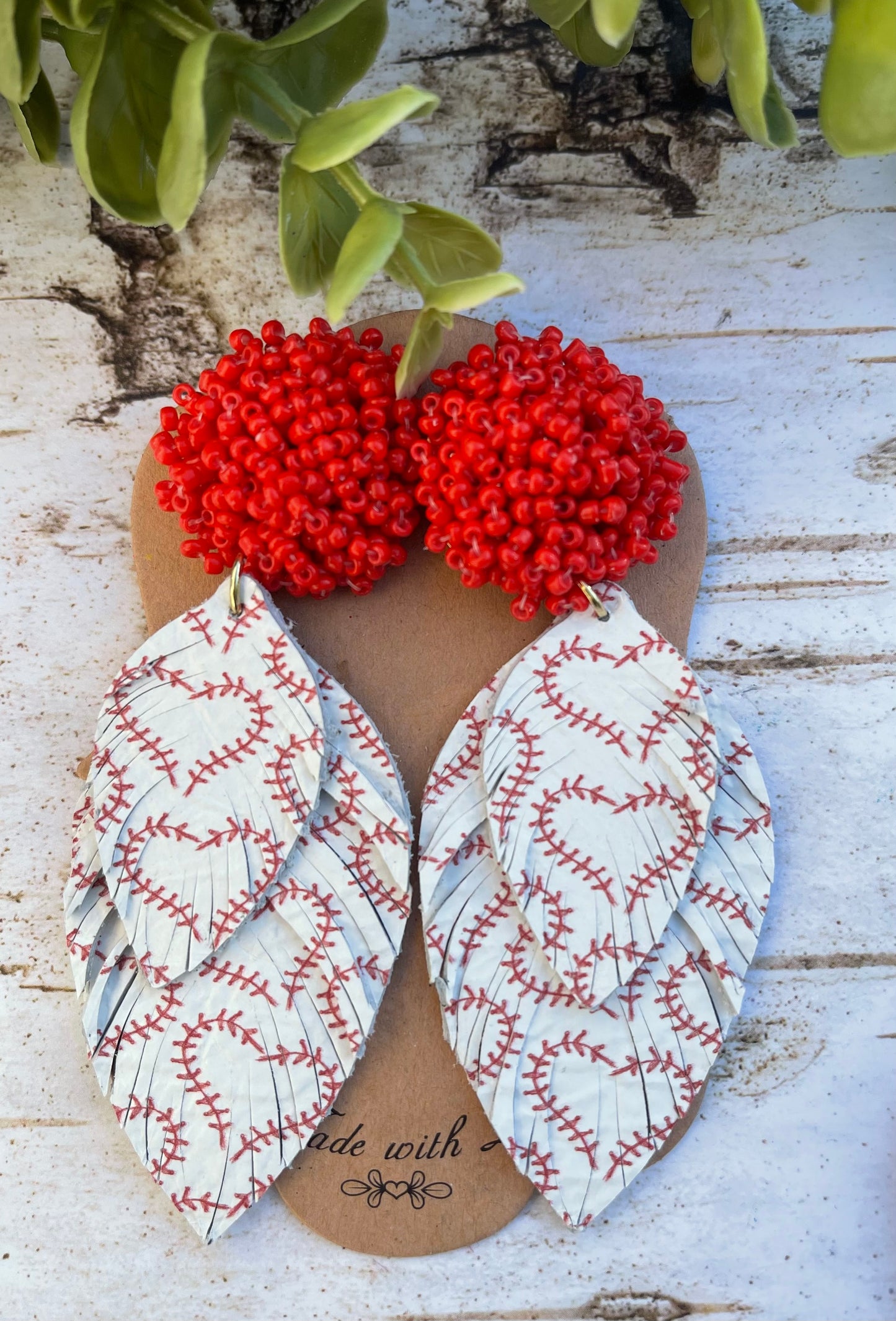 I Love Baseball Boho Feather Fringe Earrings