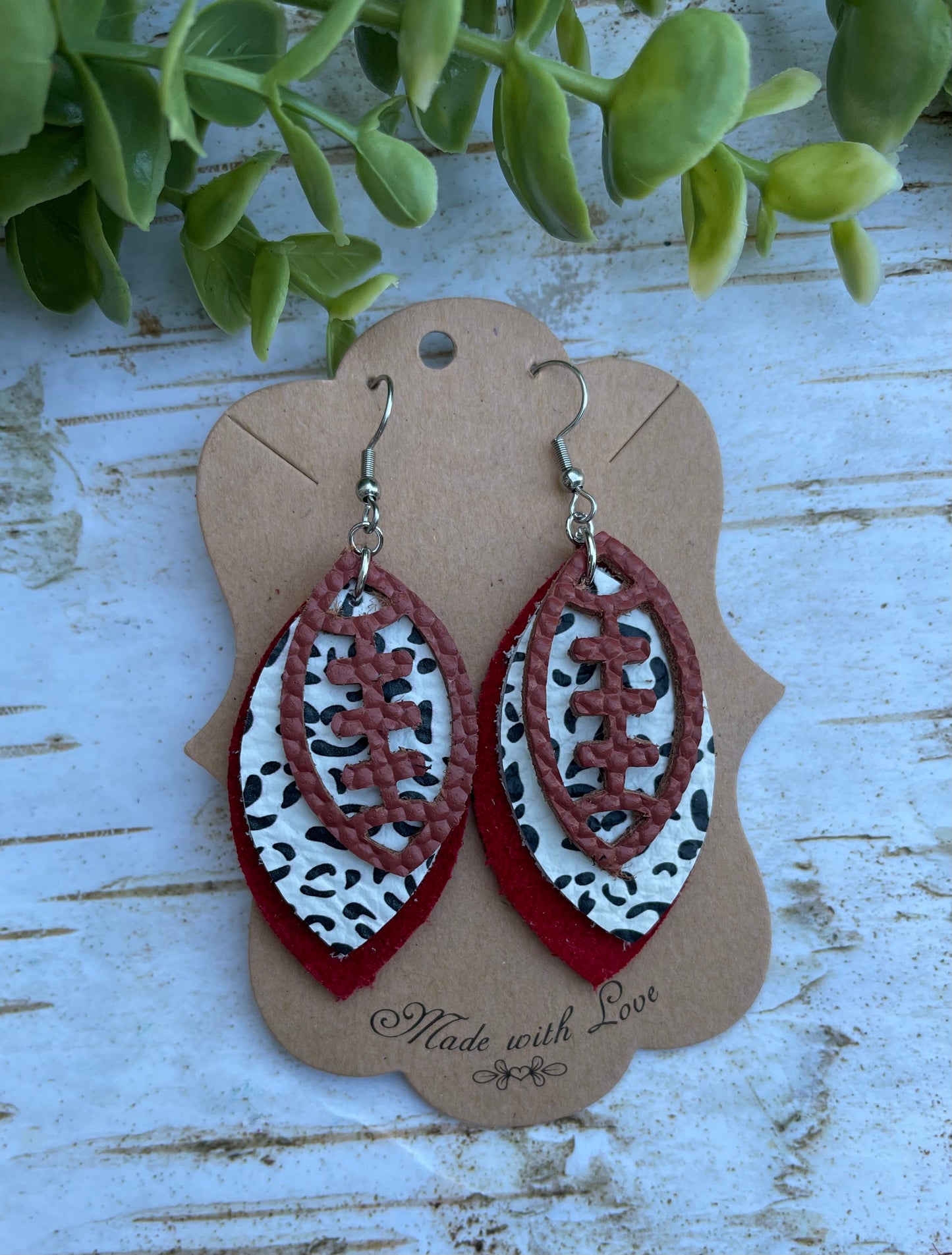 Triple Layer white Leopard Nebraska Football Earrings