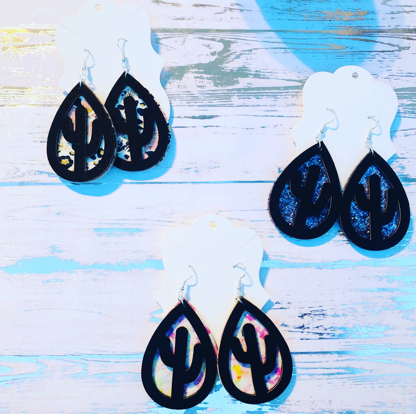 Cactus over Camouflage Cork and Genuine Leather Layered Earrings