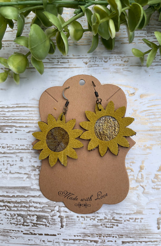 Genuine Leather  Layered Sunflower Earrings