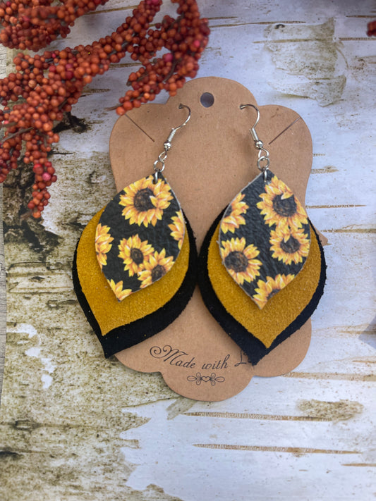Three Layered Genuine Leather Sunflower Earrings