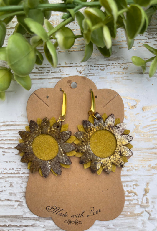 Golden Leather  Layered Sunflower Earrings