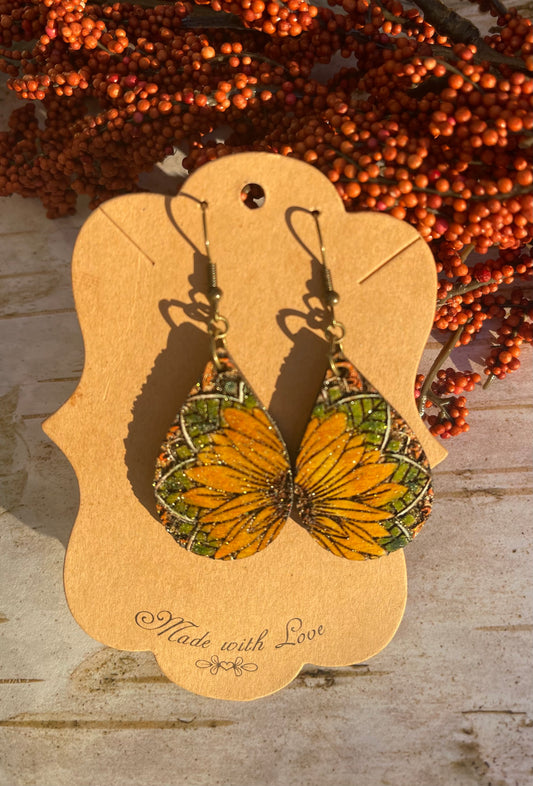 Half Sunflower Wooden Earrings