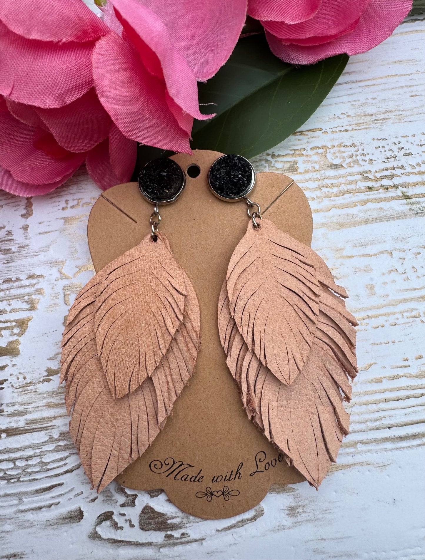 Peach Boho Feather Earrings