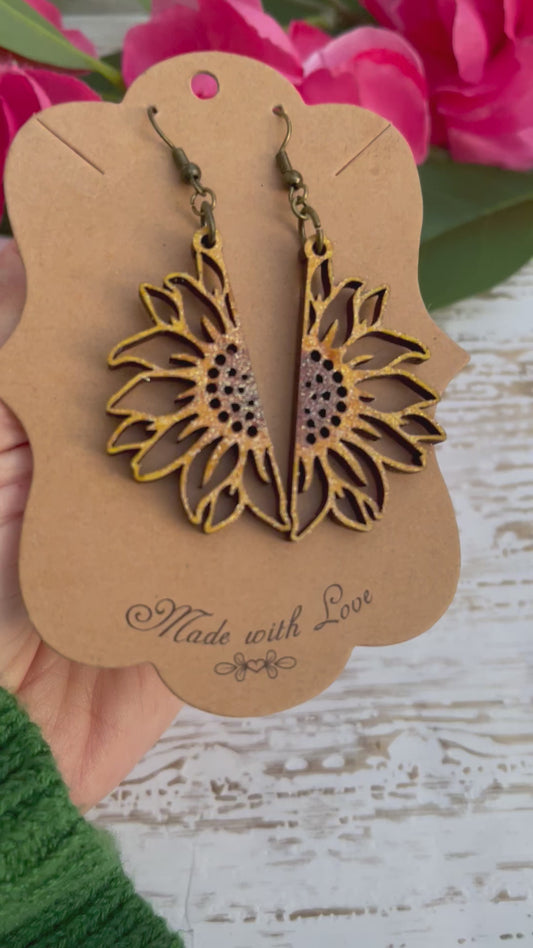 Split Wooden Sunflower Earrings