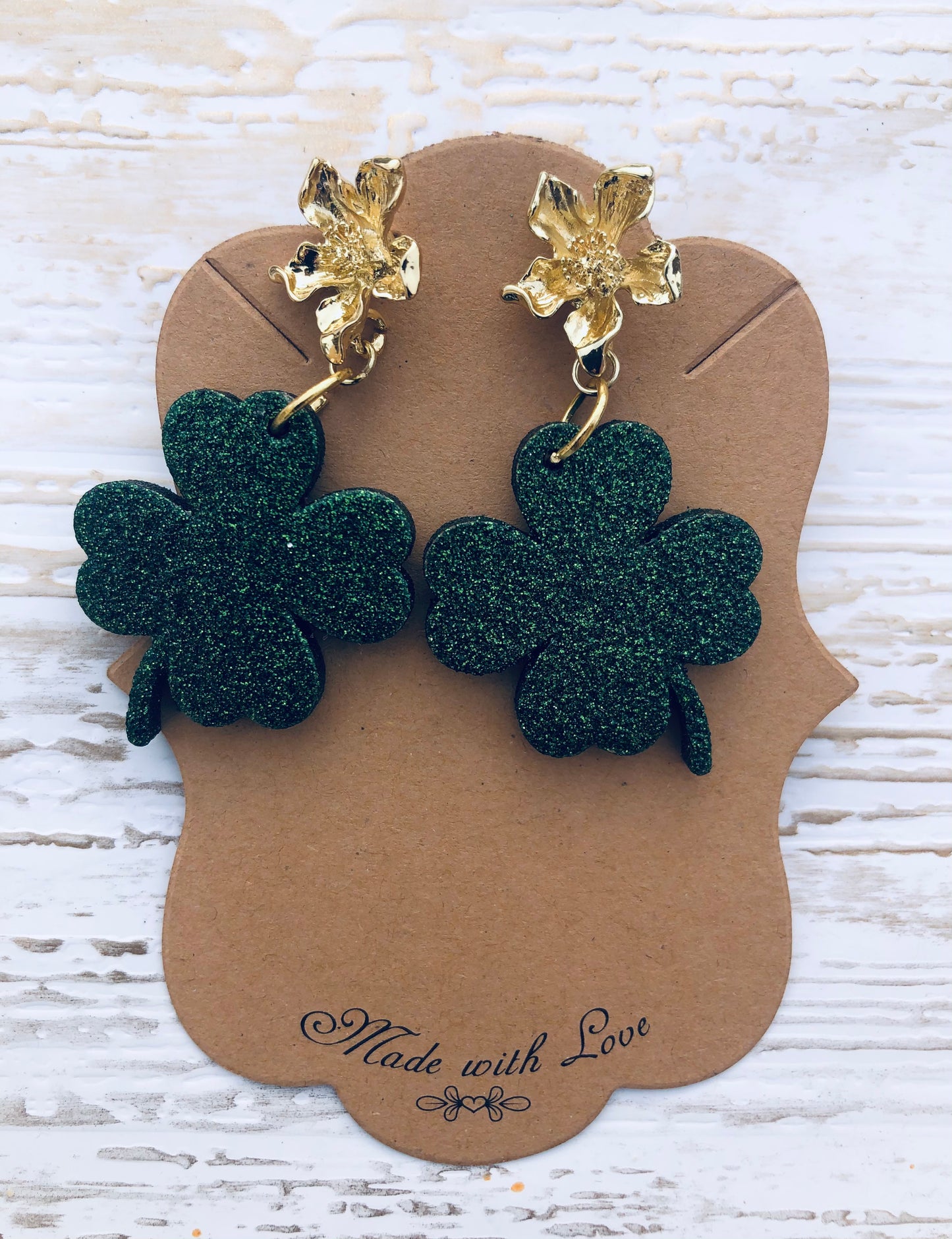 Wooden Green Glitter Shamrock Dangle Earrings