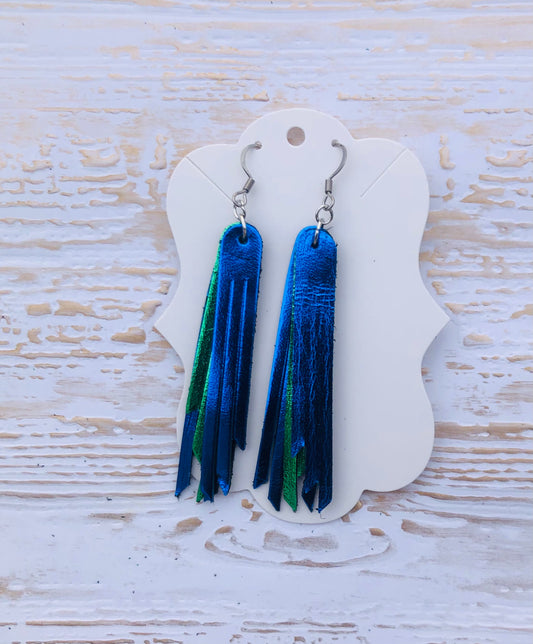 2.75” 3 Layer Blue and Green Team  Fringe Earrings