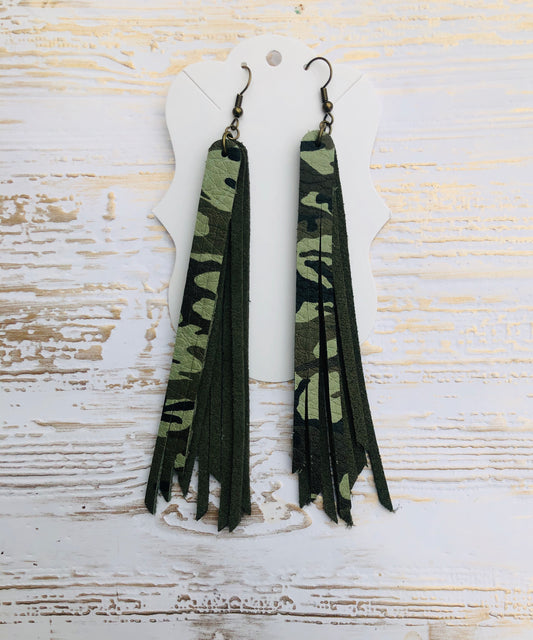 Green Camouflage 4.5” Fringe Three Layer Earrings