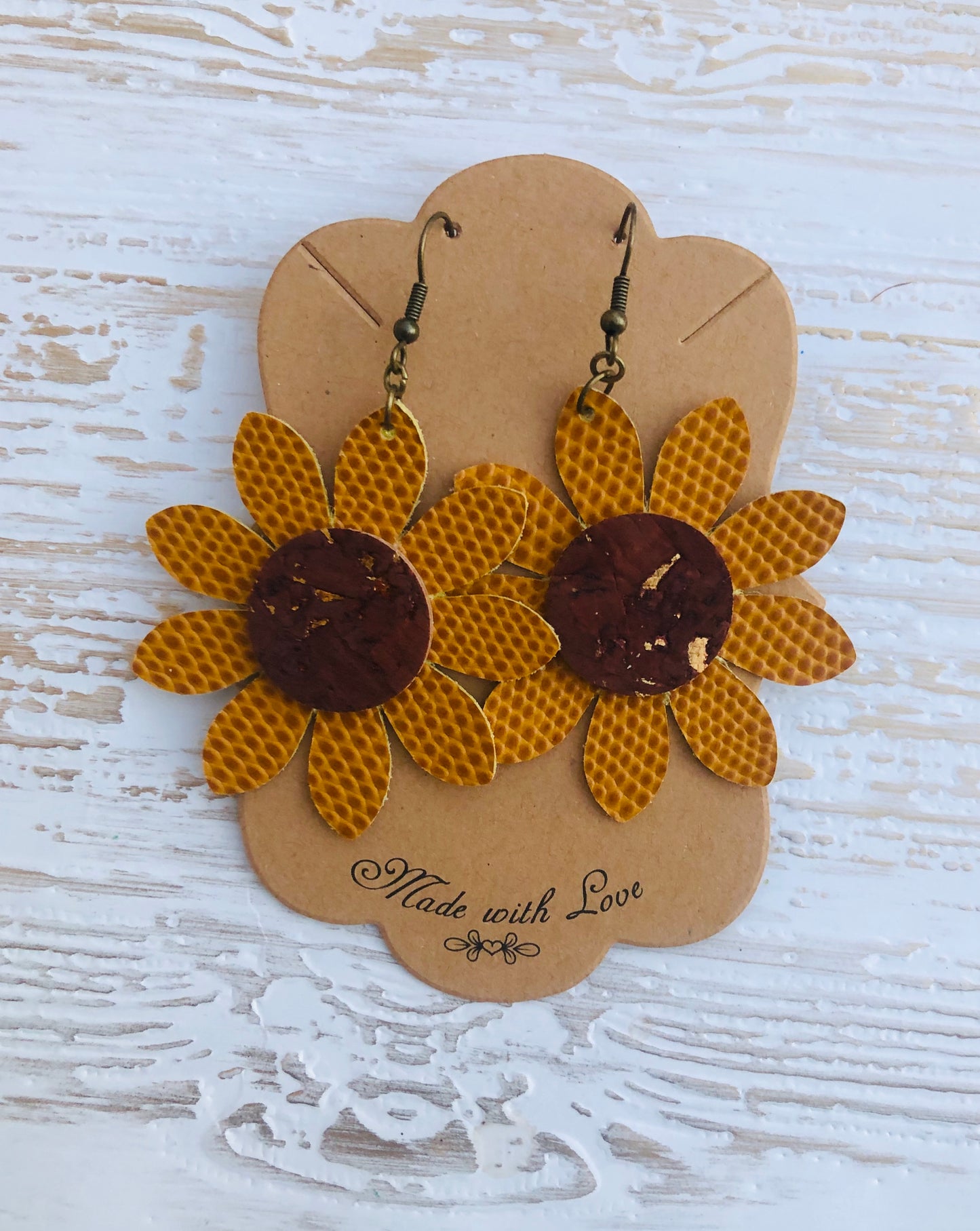 Genuine Leather Textured Sunflower Earrings