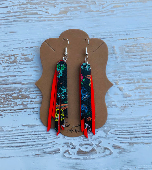 2.75” Day of the Dead Genuine Leather Fringe Earrings