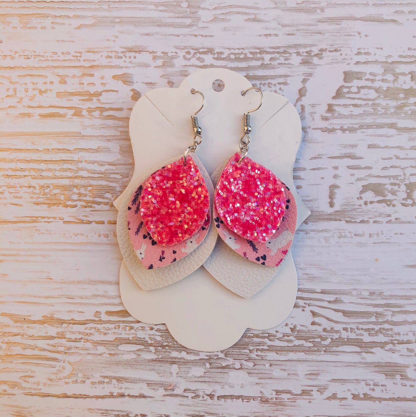 Three Layered Pink Bunny Sparkly Earrings