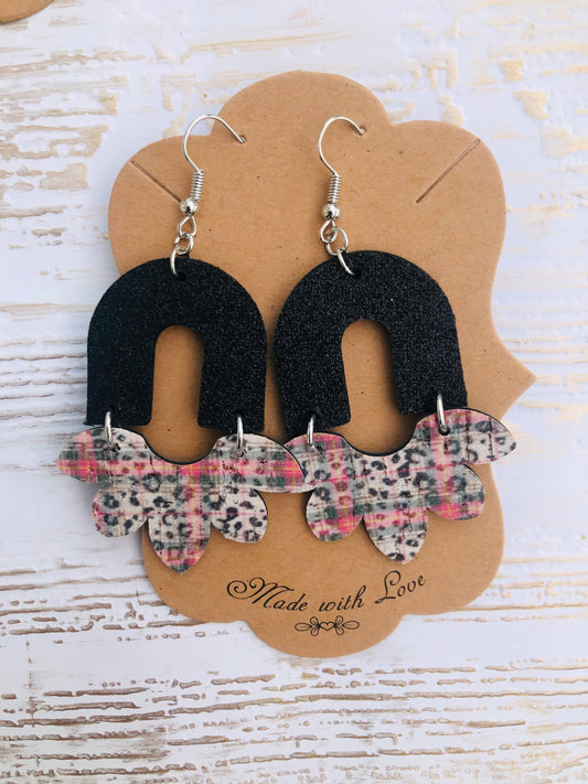 Plaid Cheetah Print and Black Sparkle  Stella Genuine Leather and Cork Earrings