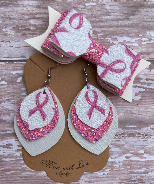 Mommy and Me 3” Breast Cancer Awareness Bow and Earrings