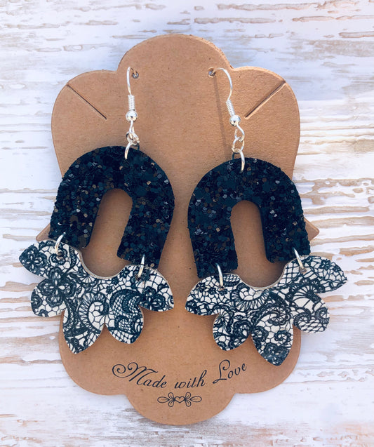 Black Glitter and Lace Stella  Earrings