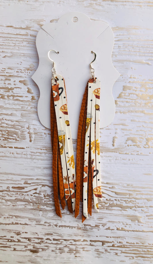 Genuine Leather 4.5” Pumpkin Latte Double Layer Fringe  Earrings