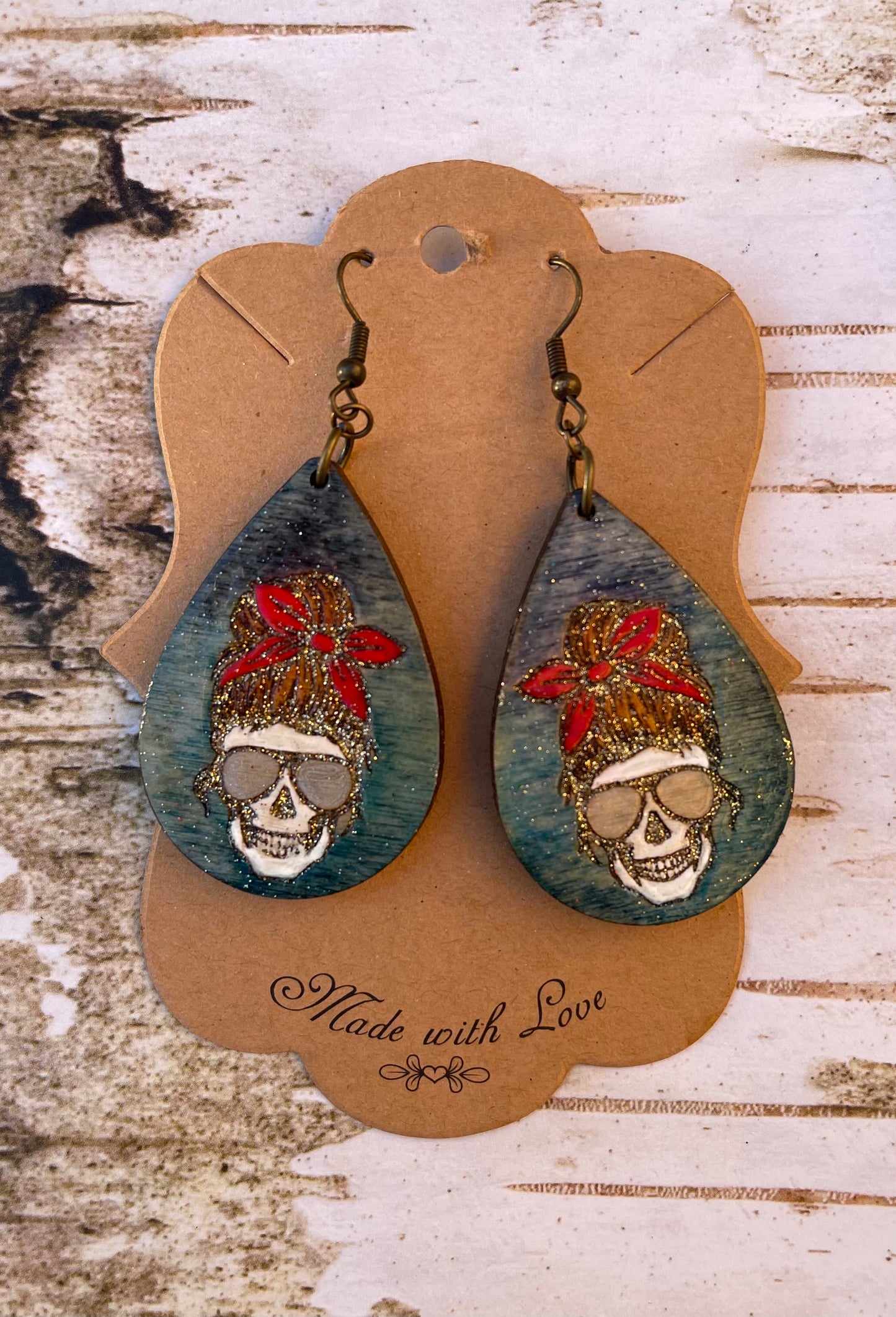 Messy Mom Bun Blue Skull Earrings