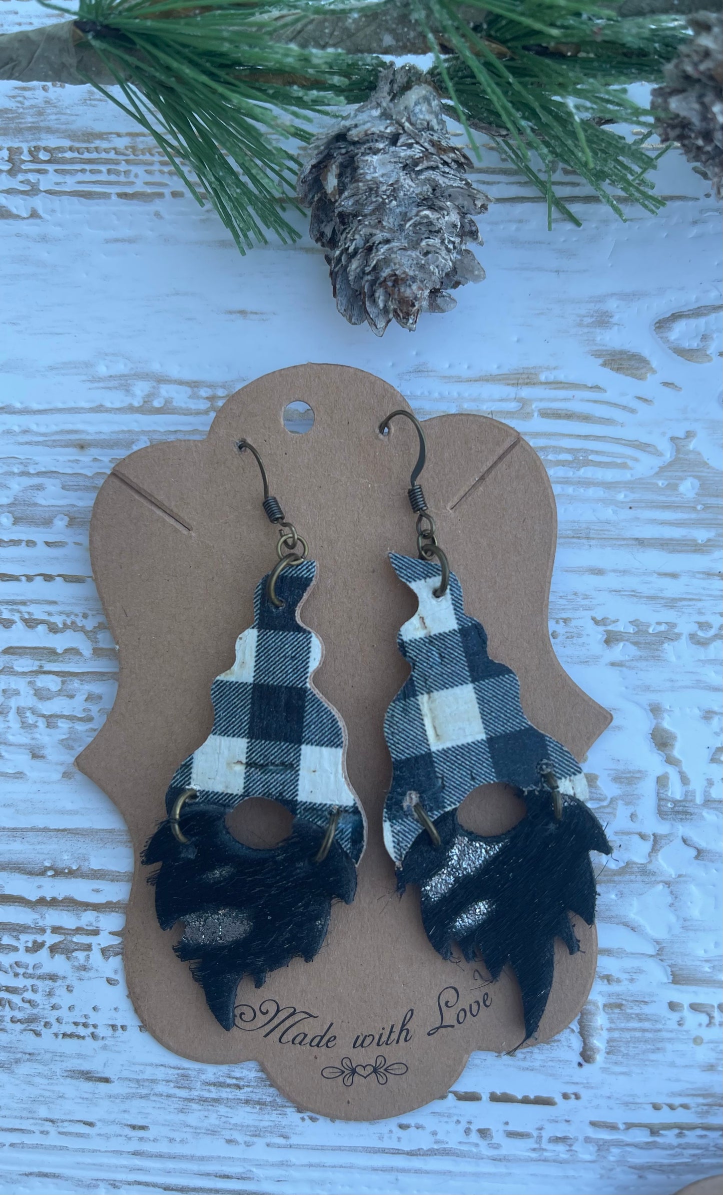 White Buffalo Plaid Gnome Earrings