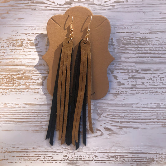 Weathered Camel Brown And Black Genuine Leather 4.5” Fringe Earrings