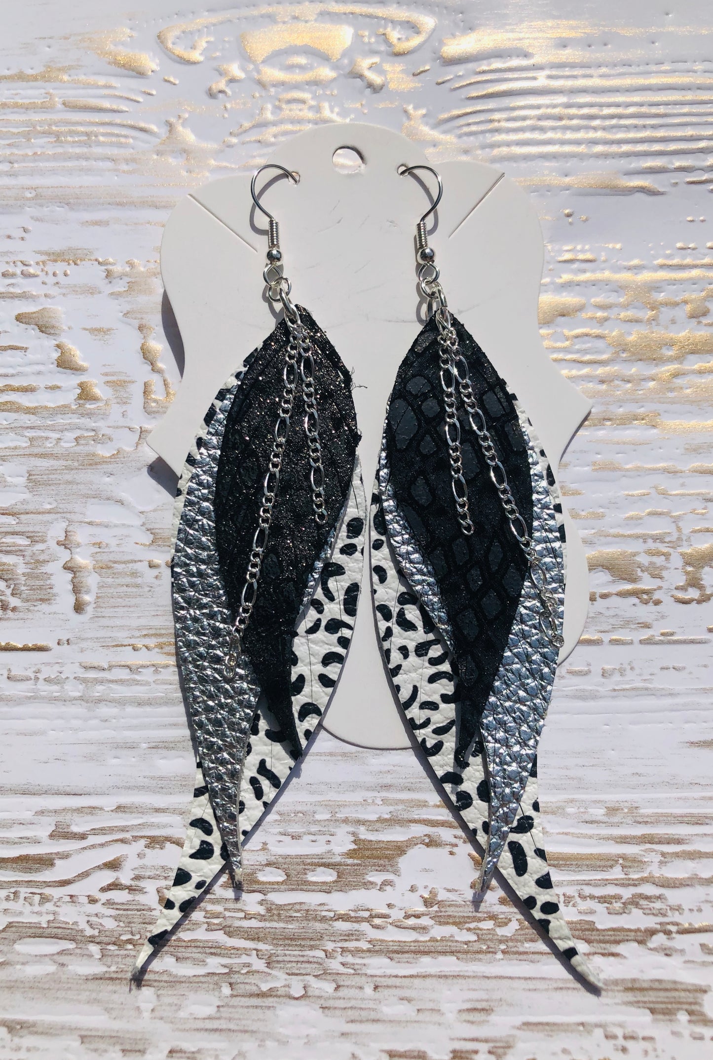 4” Genuine Dalmatian Leather Three Layer Feather Earrings