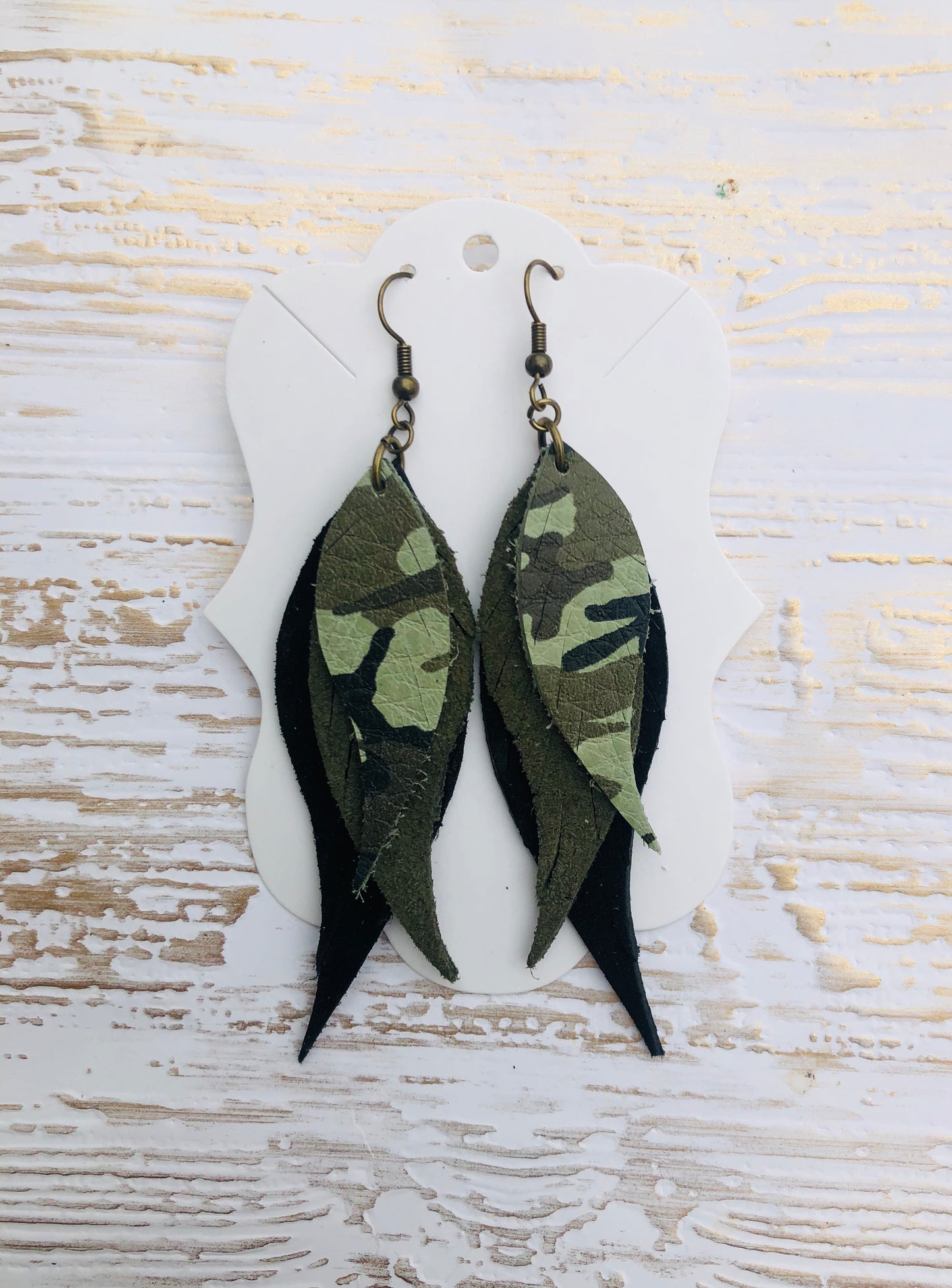 Three Inch Camouflage Genuine Leather Triple Feather Fringe Earrings