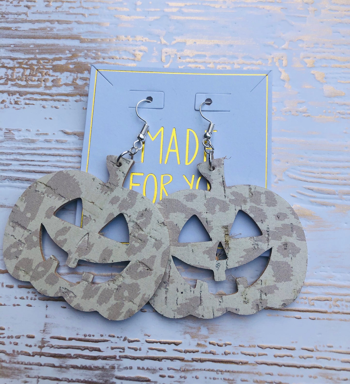 Genuine Leather White Leopard Jack-O-Lantern Earrings