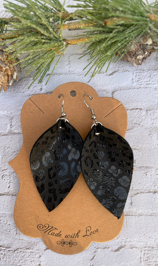 Black on Black Leopard Pinched Petal Earrings