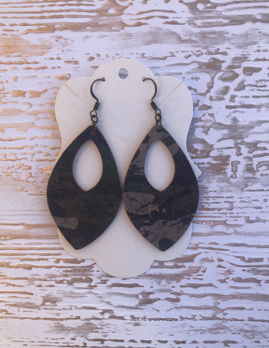 Camouflage Cork and Genuine Leather Crystal Drop Earrings