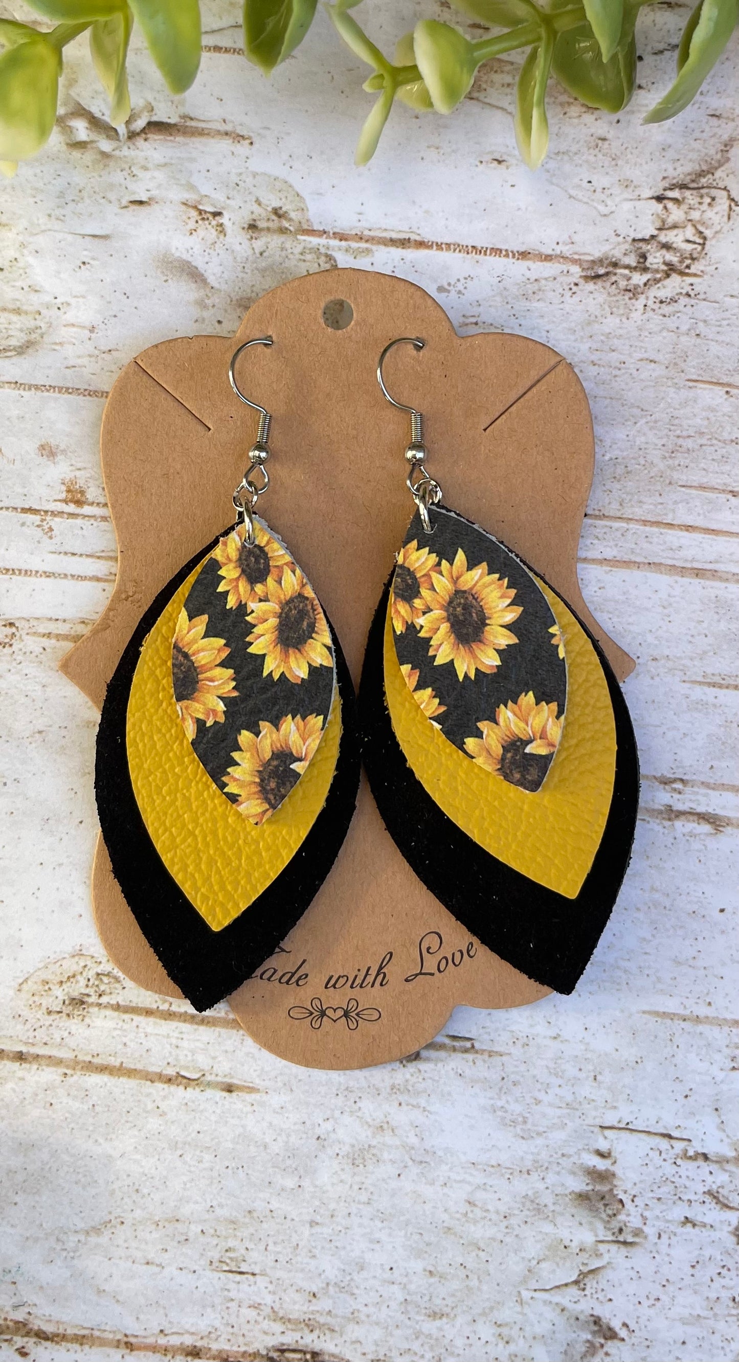 Three Layered Genuine Leather Oblong Sunflower Earrings