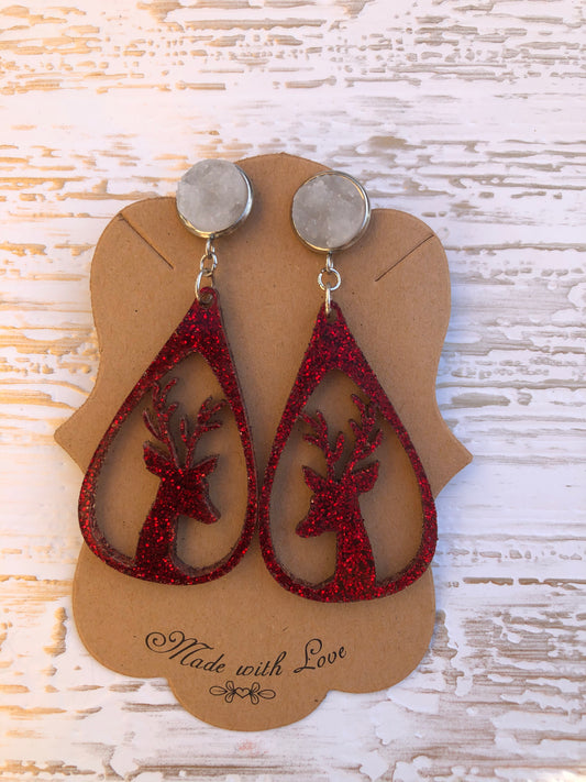 Acrylic Elk Silhouette Red Glitter Earrings