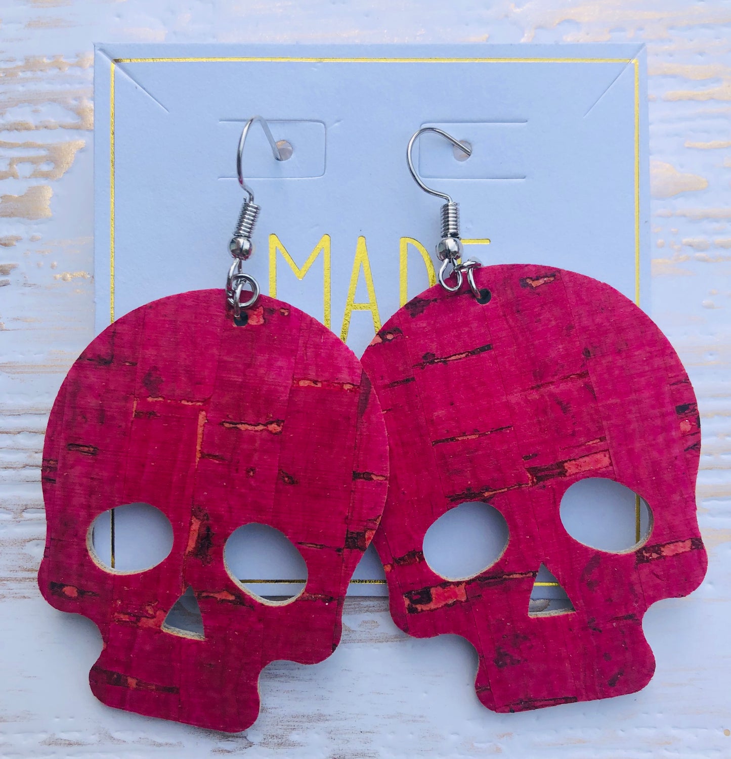 Pink Cork and Genuine Leather Skull Earrings