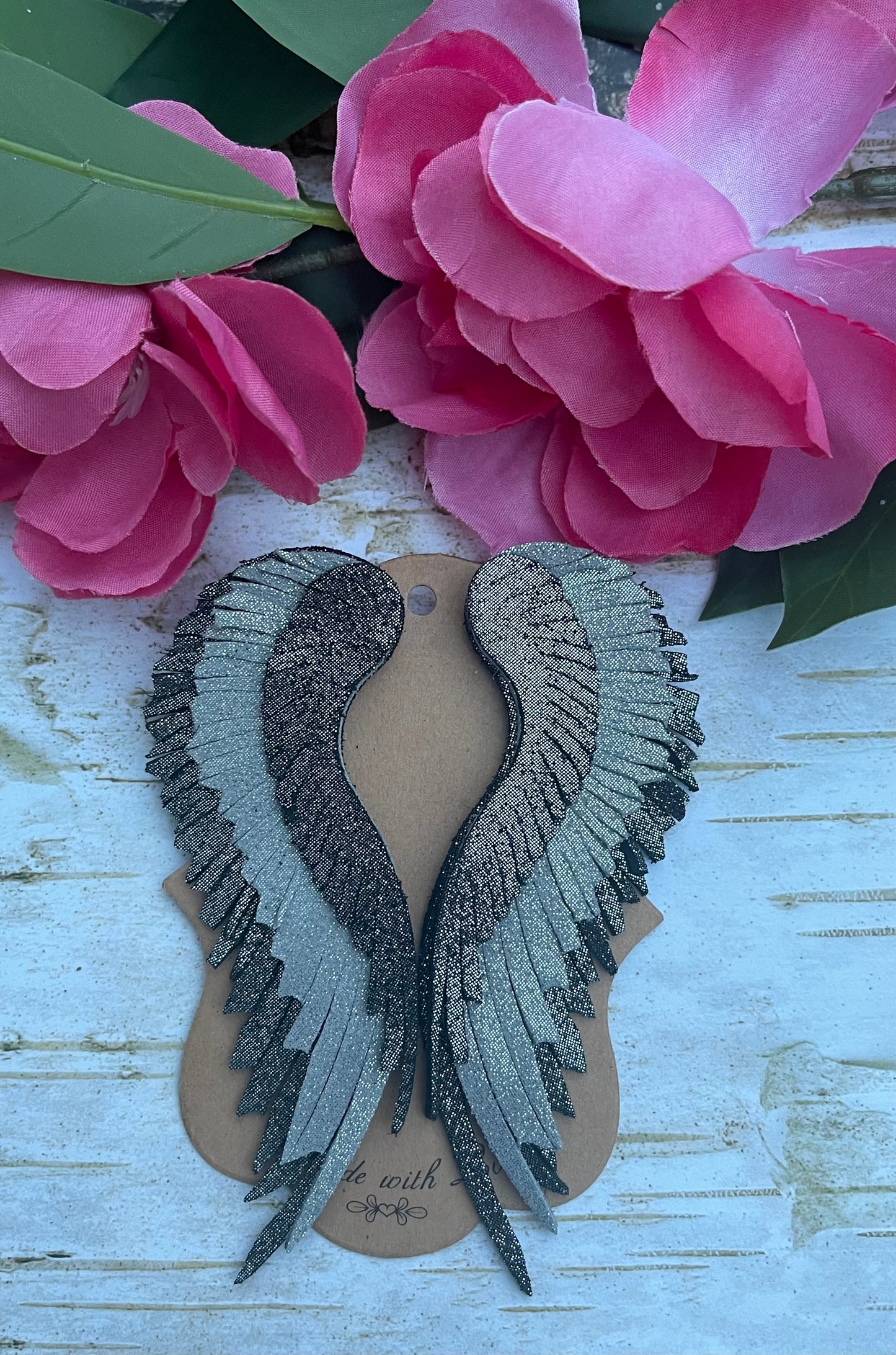 Sparkling Gray And Black Angel Wing Earrings