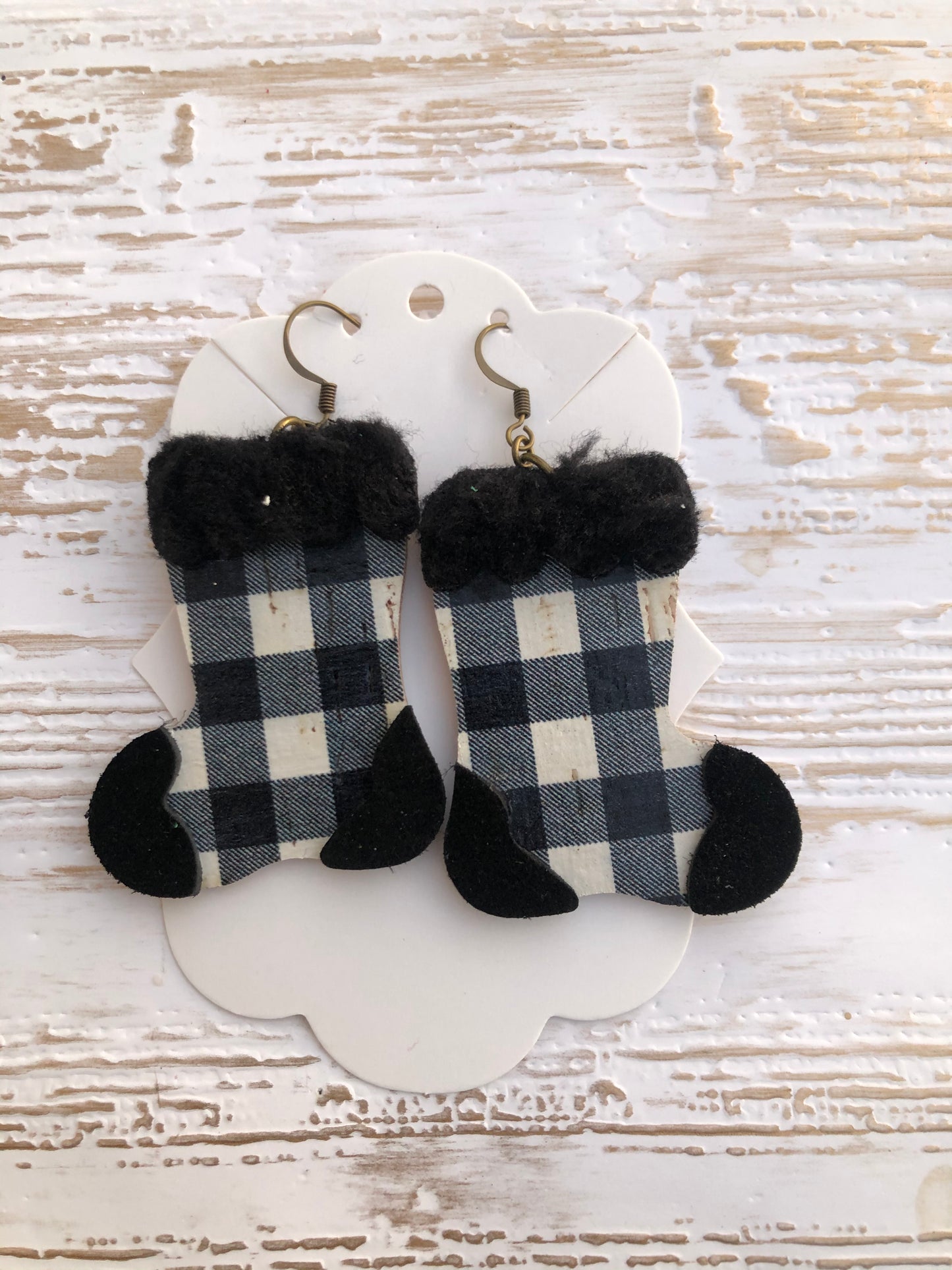 Black and White Plaid Christmas Stocking Earrings