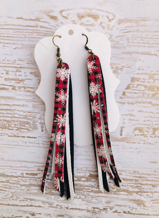 Triple Layer Leather Snowflake Fringe  Earrings