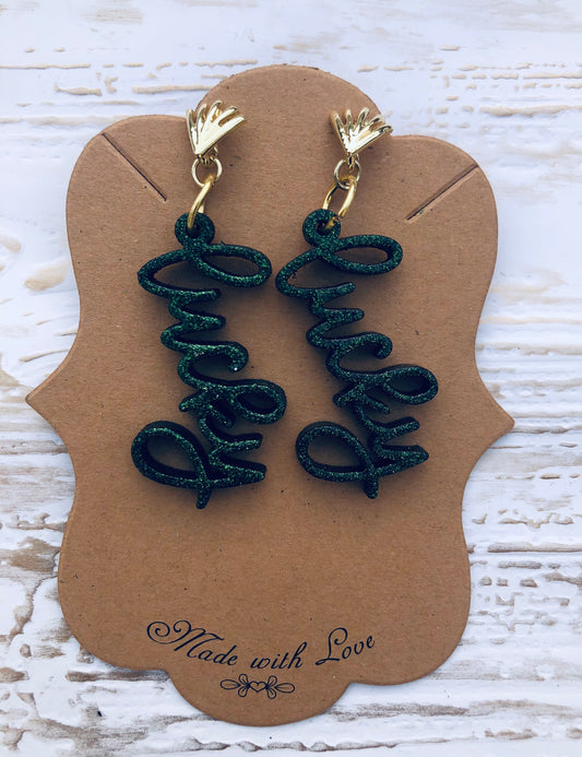 Lucky Script Green Glitter Earrings