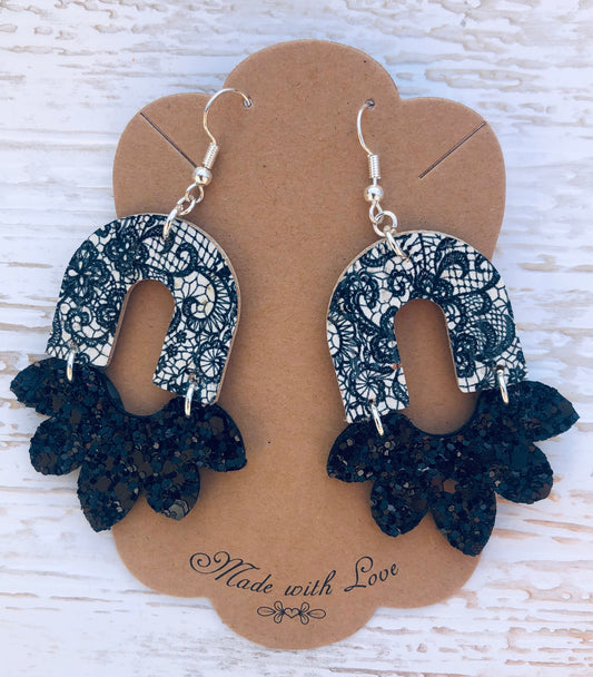 Black Lace Stella Leather and Cork Earrings