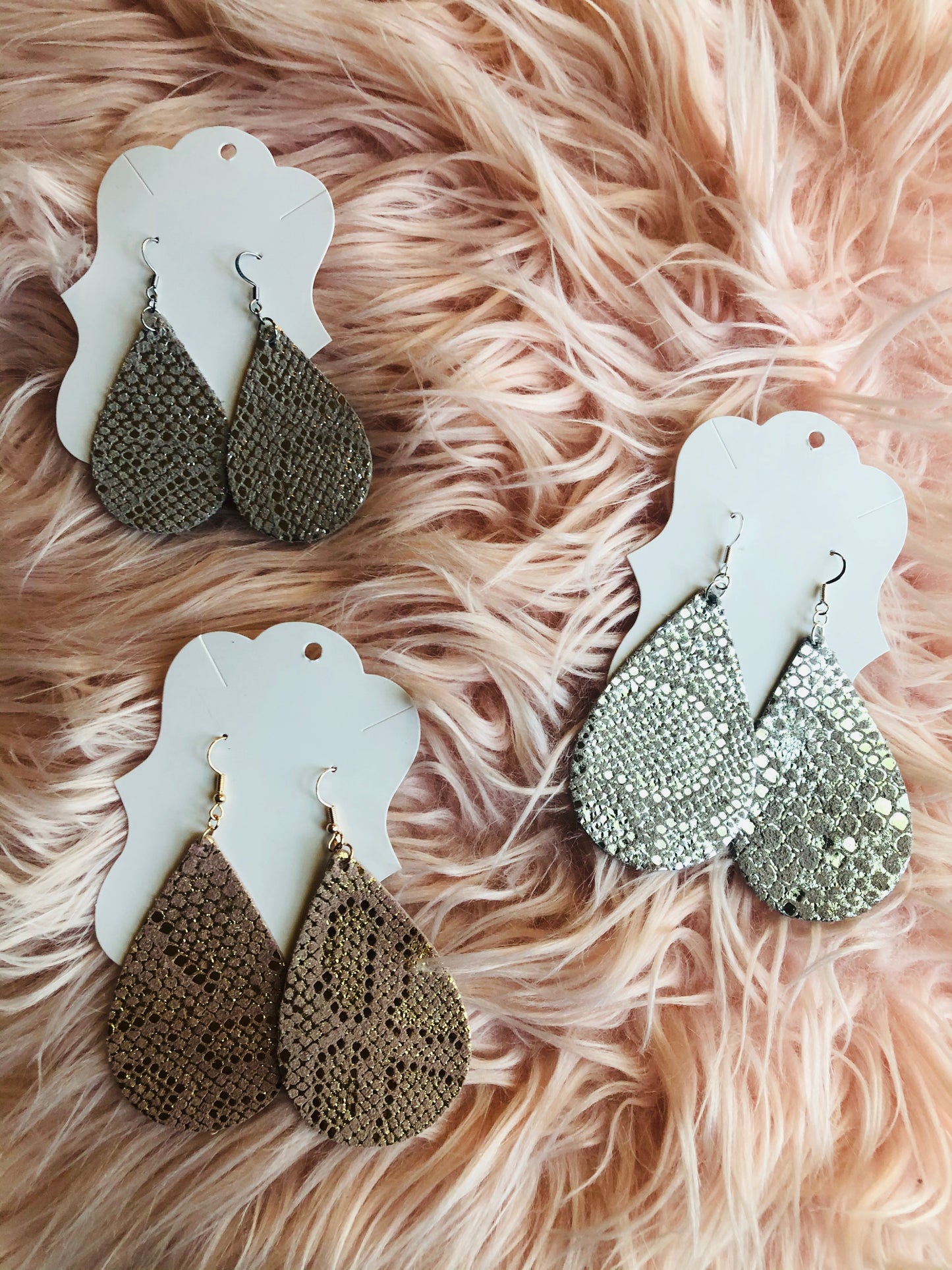 Silver Metallic Snakeskin Teardrop Genuine Leather Earrings