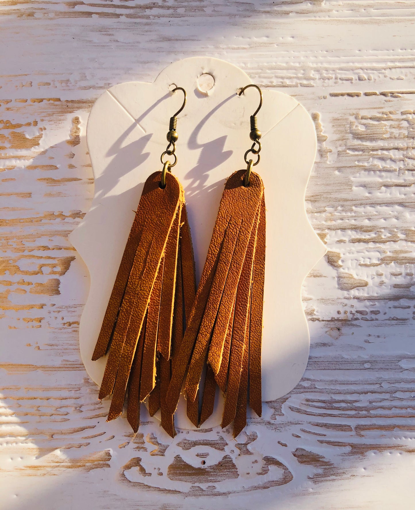 Camel Brown Three Layer Genuine Leather Fringe Earrings