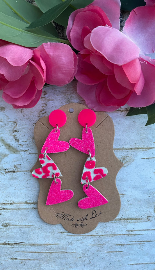 Hot Pink Leopard Whimsical Heart Trio Earrings