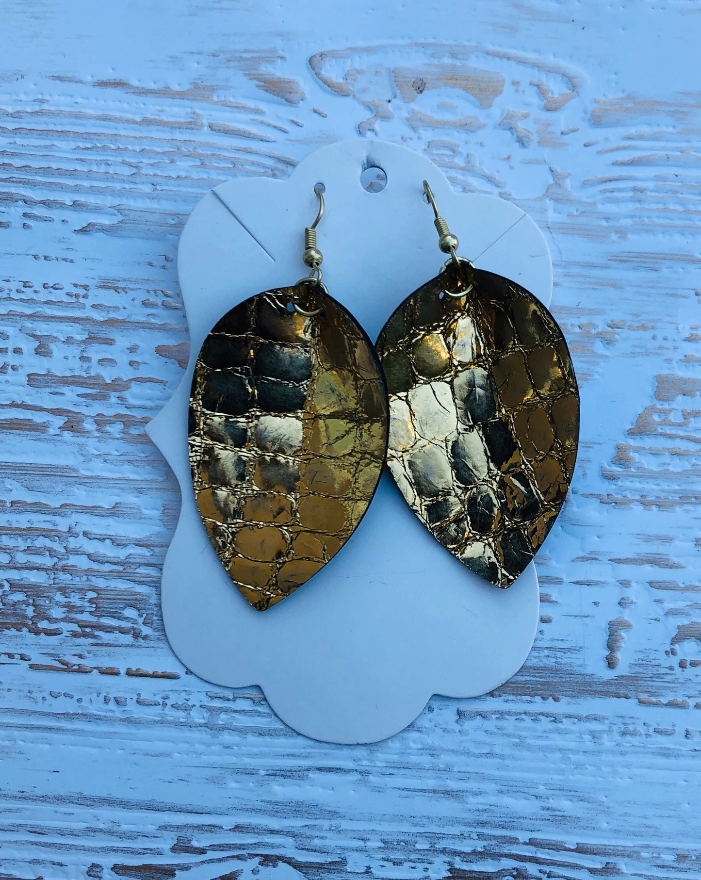 Gold Metallic Snakeskin Print Leaf Earrings