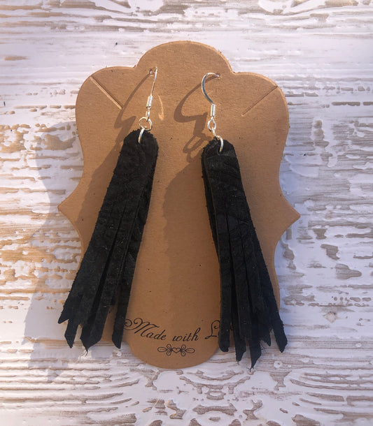 2.75” Black Embossed Suede  Genuine Leather Fringe Earrings