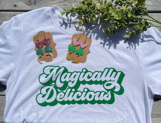 Magically Delicious St Patrick’s T Shirt and Earrings