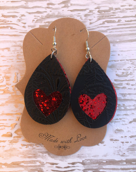 Black Embossed  Heart Cut Out Earrings