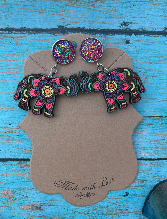 Wooden Elephant Mandala Earrings