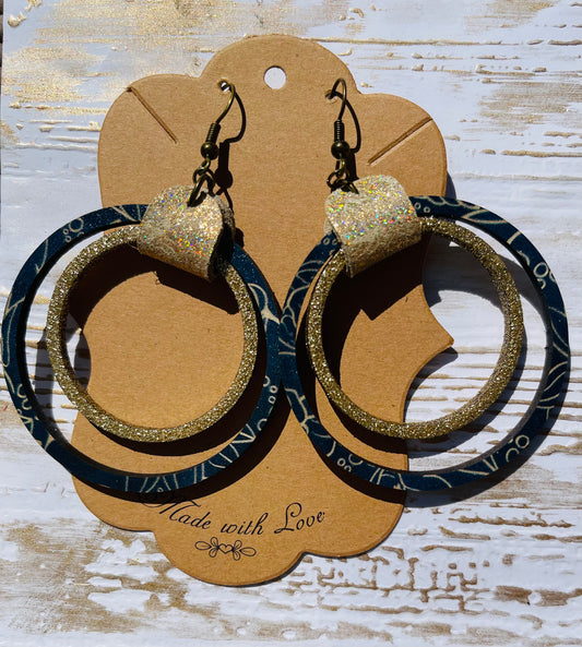 Gold and Navy Flower Hoop Earrings