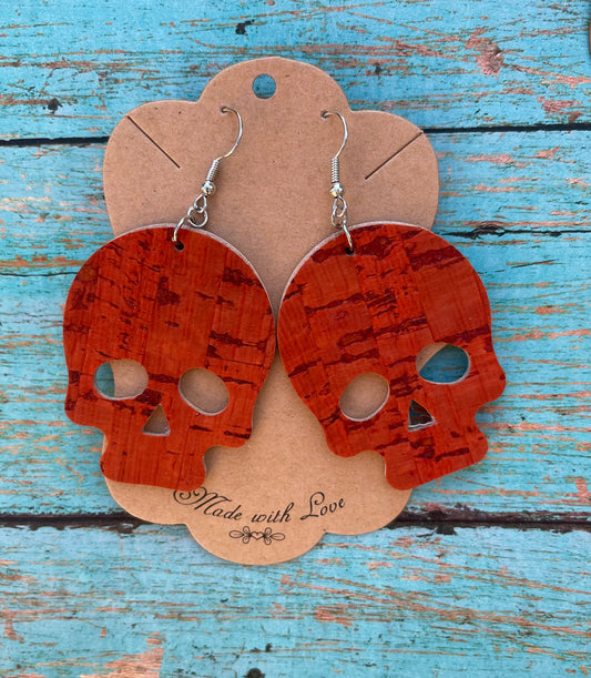 Orange Genuine Leather And Cork Skull Earrings