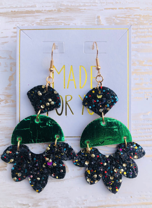 Black Mixed Glitter and Green Chandelier Earrings